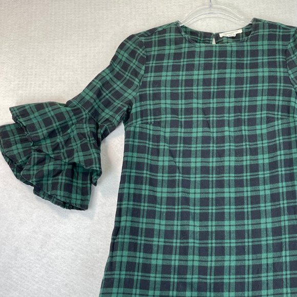 BEACHLUNCHLOUNGE Womens XS Blue Green Plaid Flannel Ruffle Sleeve Dress Pockets - Picture 2 of 14